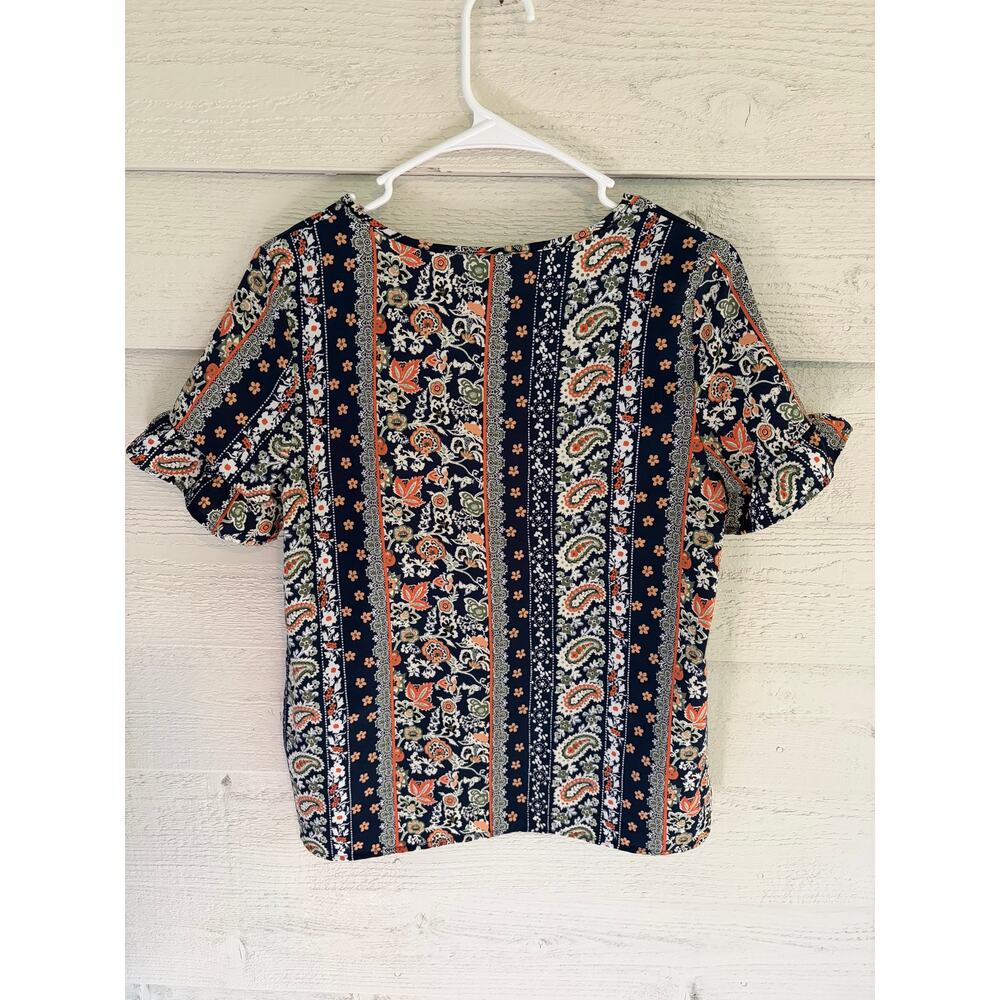 Emery Rose Boho Paisley Floral Short Sleeve Blouse Top Women’s Medium Navy Blue - Picture 8 of 8